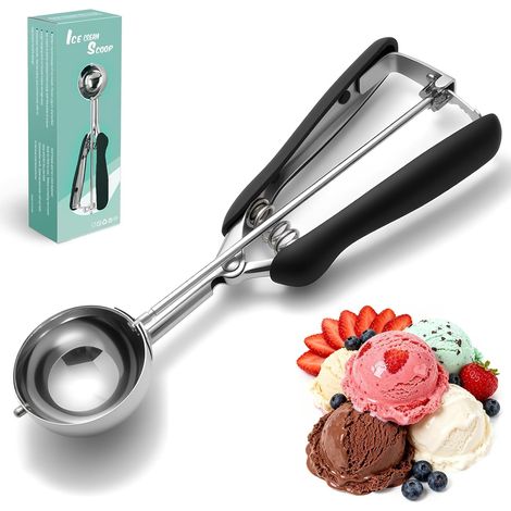 Cuillère à glace en acier inoxydable 304 avec gâchette (23 x 5 cm), cuillère polie polyvalente pour glace, purée, pâte et gâteaux, lave-vaisselle, noir (1/5)
