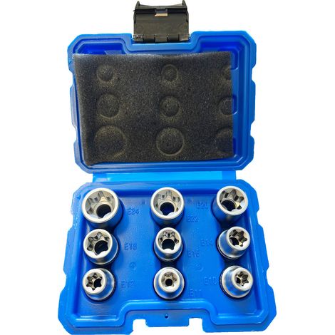 Jeu 9 douilles courtes carre 1/2 profil torx e 10 11 12 14 16 18 20 22 24 (1/2)