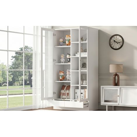 Armoire de rangement blanche avec porte vitrée, 2 tiroirs et étagères, 80 x 40 x 160 cm pour bureau et salon (1/5)