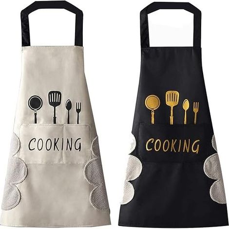 2 PCS Tablier de cuisine(Blanc et Noir) pour femme avec poches pour essuyer les mains, grande poche, essuyage à la main, imperméable pour la cuisine et la pâtisserie (1/5)