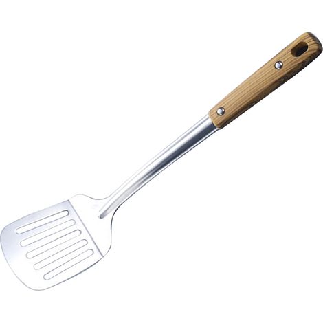 Paletta in acciaio inox con manico effetto legno, utensile da cucina resistente al calore, spatola da cucina, paletta per friggere. (1/5)
