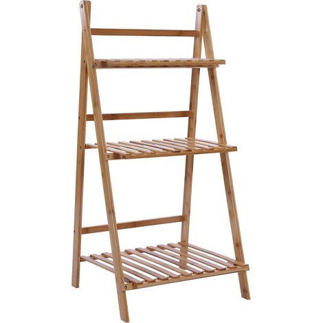 Étagère 3 niveaux en bambou pour plantes, support floral pliable pour balcon, présentoir à fleurs en bois naturel, meuble de rangement pour pots, couleur bois clair (1/5)