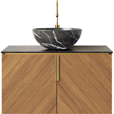 Mobile bagno 76 cm con lavabo in ceramica nero, piano in pietra sinterizzata, rovere marrone (1/5)