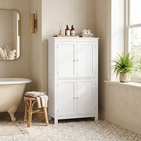 Meuble de salle de bain à 4 portes et étagères réglables, pour buanderie, salon, cuisine, blanc (1/5)