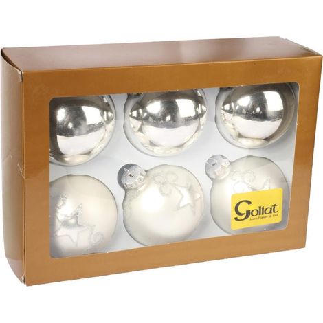 Set mit 6 silbernen Glaskugeln – Mischung aus glänzenden und matten Elementen mit Glitzerdekor, 8 cm (1/5)