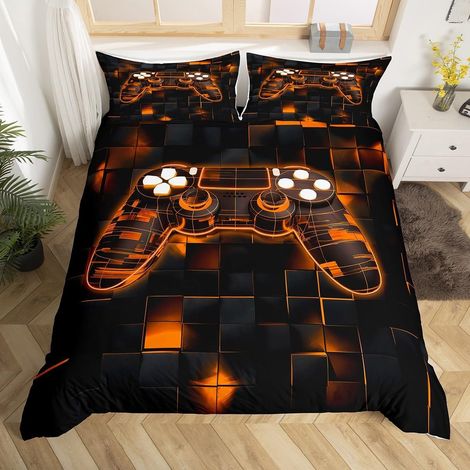 Housse de Couette 140x200 cm Motif Gamer Orange 2 Pièces - 140x200cm + 1 Taie Oreiller 65x65cm (1/5)