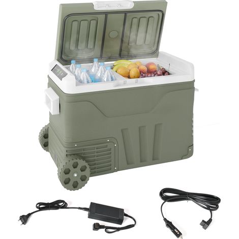 Réfrigérateur de camping 33 L, glacière de voyage, réfrigérateur portable pour voiture avec 2 compartiments et roulettes, en plastique vert