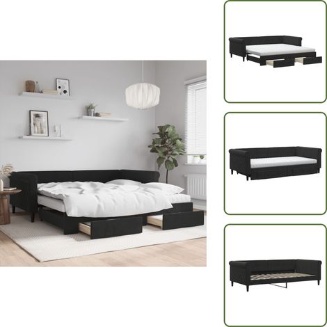 Tagesbett Ausziehbar mit Schubladen Schwarz 100x200 cm Samt - Schlafcouch - Sofa Bett - Gästebett - Tagesbett - Ausziehbares Bett (1/5)