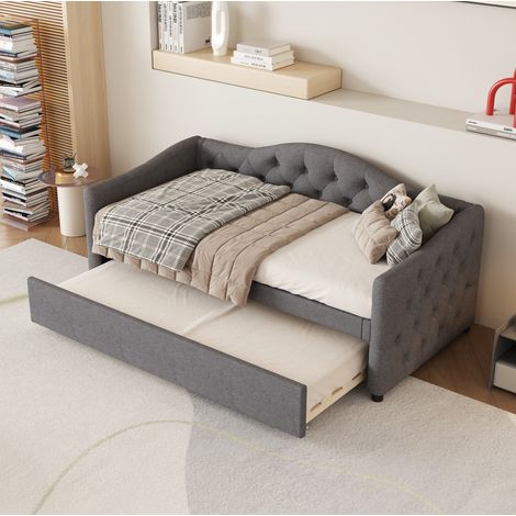 Lit de jour 90x200 cm avec lit gigogne, sans matelas, en lin et MDF, gris, REDOM (1/5)
