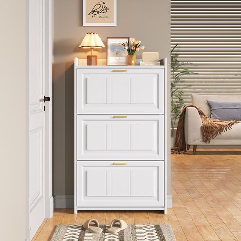 Schuhschrank aus MDF und Spanplatte Weiß 70 x 24 x 120 cm, 3 Klapptüren, 6 Fächer