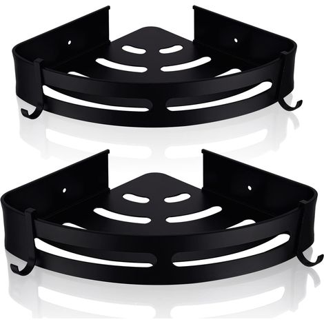 2 Stück bohrfreies Aluminium-Eckduschregal, Eckduschregal mit Haken, Badezimmer-Organizer (schwarz)