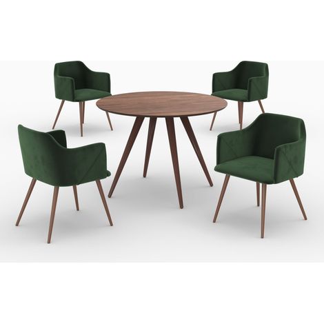 Mesa y sillas para 4 personas de terciopelo verde y madera - Liwa (1/4)