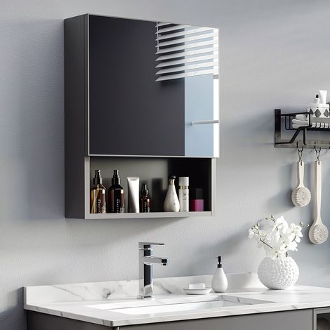Armadietto bagno pensile in acciaio inox nero con specchio, 46 cm, 3 ripiani e mensola in vetro (1/5)