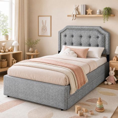 Letto per adulti 90x200 cm, con 2 cassetti e testiera regolabile, imbottito in tessuto e MDF, grigio, senza materasso