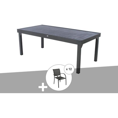 Hesperide – Table extensible rectangulaire alu graphite 320x100cm – 10 à 12 couverts – Rallonge coulissante – 12 fauteuils Piazza inclus (1/5)