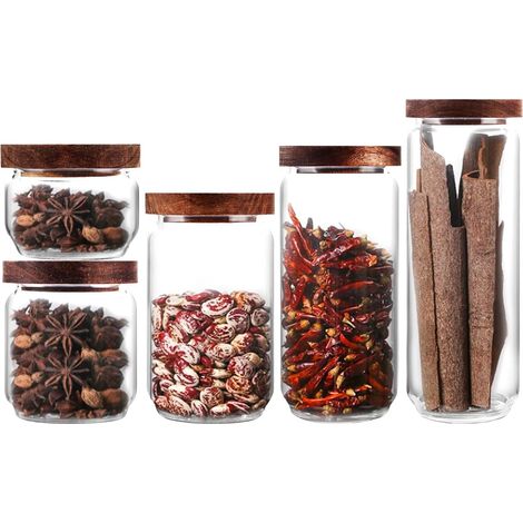 Lot de 5 bocaux de conservation en verre avec couvercle en bois, 250 ml/350 ml/650 ml/950 ml/1250 ml, avec couvercle en bois, empilables et hermétiques pour épices et aliments (1/5)
