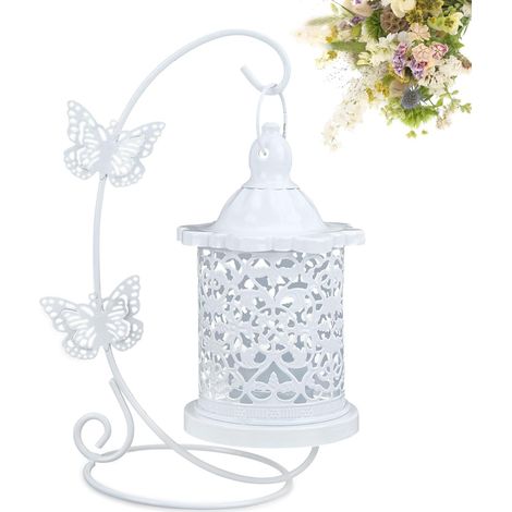 Portavelas de metal, lámpara colgante con forma de jaula de pájaro ahuecada, farol de hierro vintage, decoración para centros de mesa de boda. (1/5)