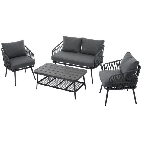 4 Seater Garden Set with Plastic Wood Storage Coffee Table, Polyester Rope Outdoor Set with Sofa and Armchairs, Weatherproof Outdoor Patio Sofa for Balcony and Terrace, Linen, Grey