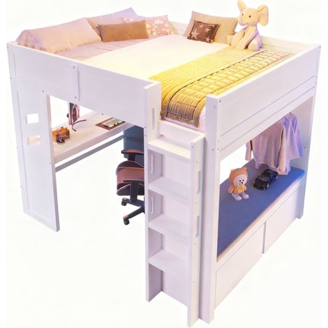 Letto A Soppalco 90 x 200 Cm Con Scrivania, LED, USB, Tipo-C E 2 Cassetti, Senza Materasso, In Legno, Bianco (1/5)