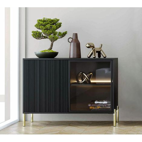 AX LIVING Schwarze Sideboard Benvie 104 cm – Glas & Lamellenfront
