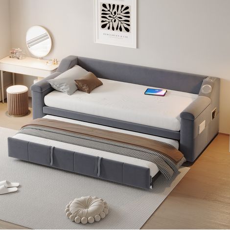 Letto con Letto estraibili 90x190 cm, con estrazione idraulica e rete a doghe, in velluto grigio, senza materasso (1/5)