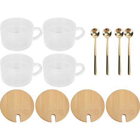 Vintage-Kaffeebecher aus transparentem Glas mit Löffel und Bambusdeckel – Set aus 4 gravierten Glasbechern für ein elegantes Frühstück (1/5)