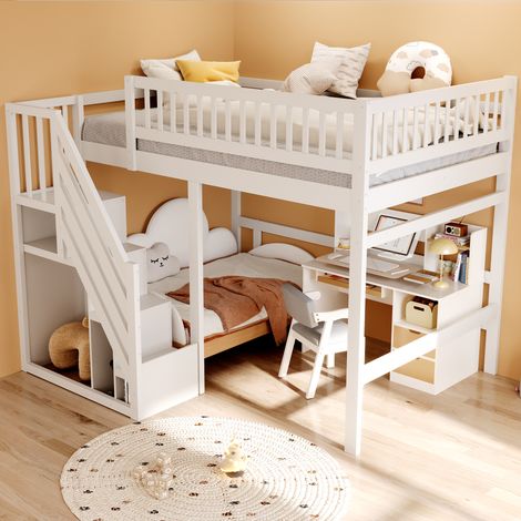 Lit 140x200 en bois massif blanc, mezzanine avec échelle et rangement intégré, rambarde haute sécurité, lit ado et enfant, sommier non inclus, modèle avec armoire (SKU LDB00165AAK) (1/5)