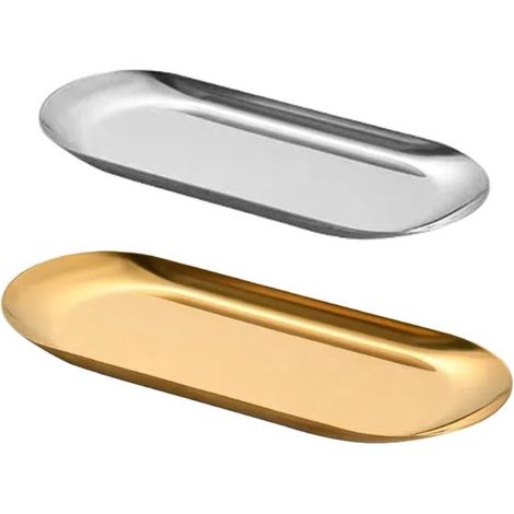 Juego de 2 bandejas decorativas de acero inoxidable,de 23 cm y 18 cm,bandejas para joyas,cajas de almacenamiento de cosméticos (1/2)