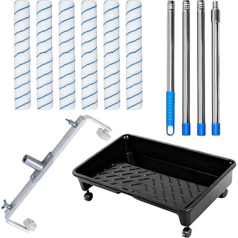 Lot de rouleaux de peinture 9 pièces 45 cm Rouleaux et bac sur roues, rouleau, support réglable, perche télescopique 43 160 cm pour murs, plafonds, intérieur/extérieur (1/5)