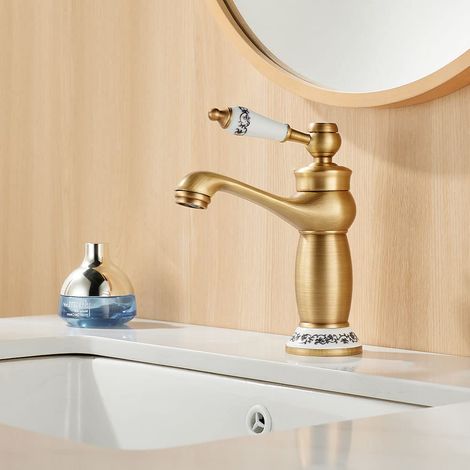 Robinet de salle de Bain Rétro, Mitigeur Victorien de Luxe avec Poignée Céramique, Robinets de Lavabo pour Salle de Bain Avec Flexibles, Mitigeur Chaud et Froid, Laiton Antique (1/5)