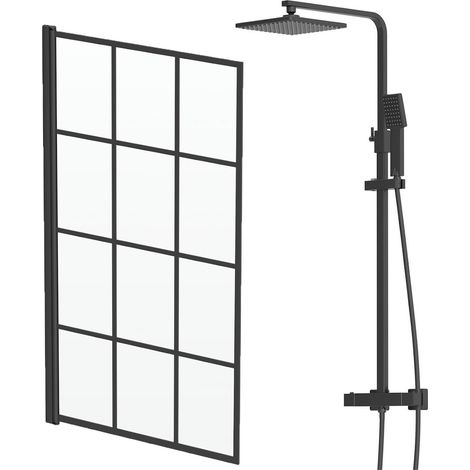 Modern Black Thermostatic Mixer Shower Square Grid Bath Screen Framed 6mm Glass (1/5)