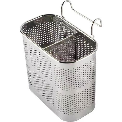 Support à ustensiles de cuisine en acier inoxydable, 13,3×12,8×7,3 cm, 2 compartiments, égouttoir de rangement pour couverts. (1/5)