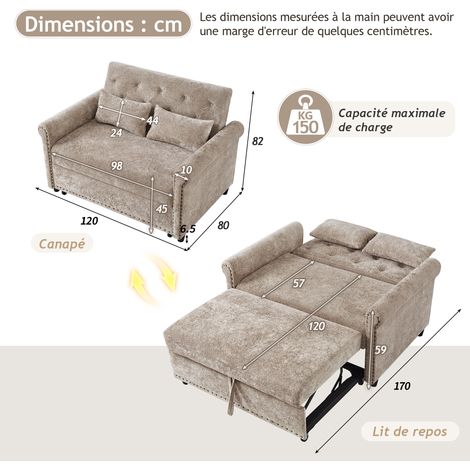 Canapé convertible moderne 3-en-1 avec fonction lit - Canapé pliant 2 places à dossier réglable 3 positions - Lit d'appoint extensi… (1/5)