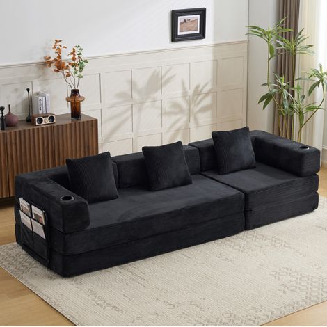 Sofá cama plegable (277.5x92.5x60 cm), convertible en cama, con bolsillos laterales y portavasos, terciopelo acanalado negro (1/5)