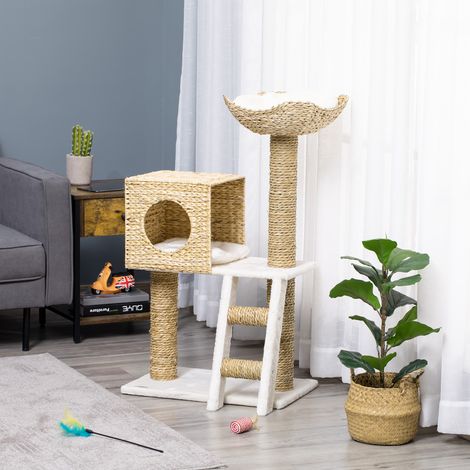 PawHut Katzenbaum, Kletterbaum, Kratzbaum für Katzen, 100,5 cm hoch, mit Kissen und Leiter, Aktivitätszentrum, Spindelstämme