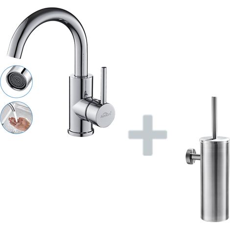 AURALUM Robinet Lavabo Salle de Bain Bec Haut Chromé Brillant Rotatif 360°+Porte Brosse Toilette Acier Inoxydable Brosse WC Mural (1/5)