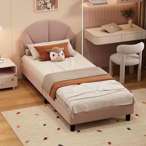 Letto singolo 90x190 cm con testiera regolabile in altezza, rete a doghe in legno, letto imbottito in velluto per bambini – Rosa