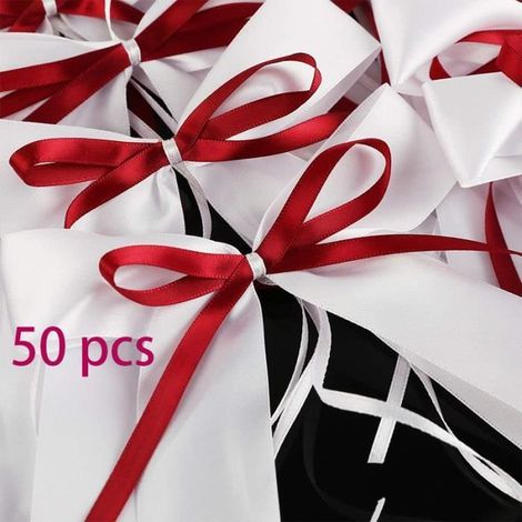 Boucles en satin - Décoration de voiture - 50 pièces - Blanches et rouges - Réutilisables - 20 cm