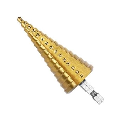 4-32 mm HSS-Stufenbohrer mit Titanbeschichtung, HSS-Stufenbohrer mit 1/4"-Sechskantgriff und Schnellwechsel-Kegelbohrer für Metall, Kunststoff, Holz und Bohrungen - (1/5)