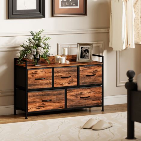 Commode à 5 tiroirs en tissu pliable, meuble de rangement avec plateau et structure en acier, dimensions 98 x 29 x 63 cm, finition brun vintage. (1/5)