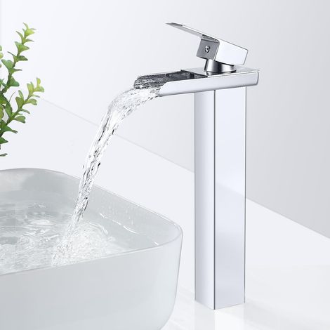 Robinet Salle de Bain Haut,              Mitigeur Lavabo Salle de Bain pour Vasque, Robinet Cascade Lavabo en Laiton, Mitigeur avec Raccordement Eau Froide/Chaud, Chromé, Argent (1/5)