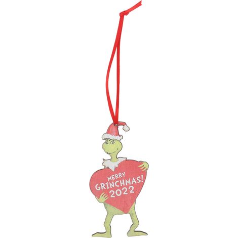 Lot en bois décoration Noël Grinch vert cœur suspension artisanale ornement sapin fête (1/5)