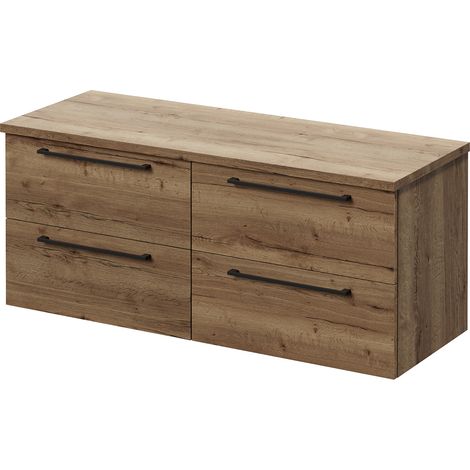 Napoli 460 Tobacco Oak 1200mm Wall Mounted 4 Drawer Vanity Unit for Countertop Basins - 1200mm - Matt Black 320mm Handle