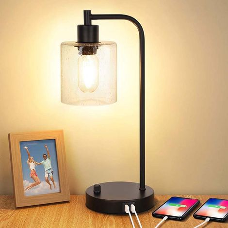 Lot de 1 lampe de table industrielle avec 2 ports USB, veilleuse à intensité variable