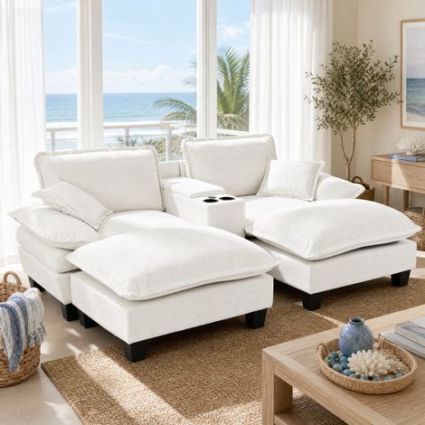 Divano modulare cloud 224x151x90 cm, con porta USB, porta bicchieri e contenitore, chenille beige (1/5)