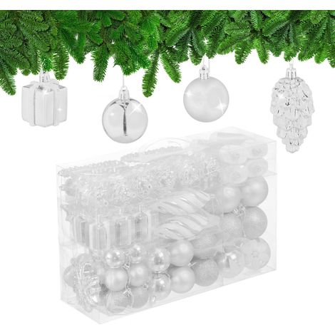Boules de Noël, Lot de 72, en Plastique, Ornements de Sapin, cœurs, Bottes, Pommes de pin, Blanches (1/5)