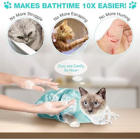 Duschbeutel aus Netzgewebe für Katzen, verstellbarer Waschbeutel zum Bürsten und Baden, multifunktionales Zubehör zur Katzenfixierung, Krallenschere, Ohrenreiniger, beruhigt die Katze (grün)