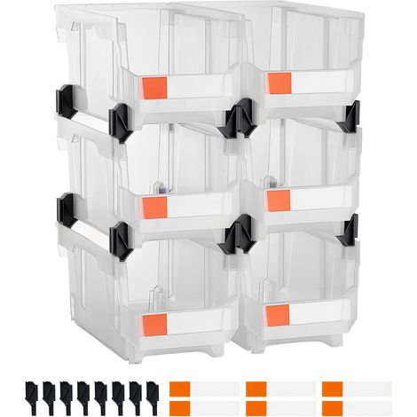 Boîtes de rangement empilables en plastique, 37,7 x 21,5 x 18 cm (lot de 6), transparentes, idéales pour organiser placard, garage, petit matériel et fournitures de bureau. (1/5)
