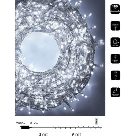 Catena luminosa LED Natale 180 led 9 mt cavo trasparente serie luminosa natalizie per esterno interno albero feste  Bianco freddo