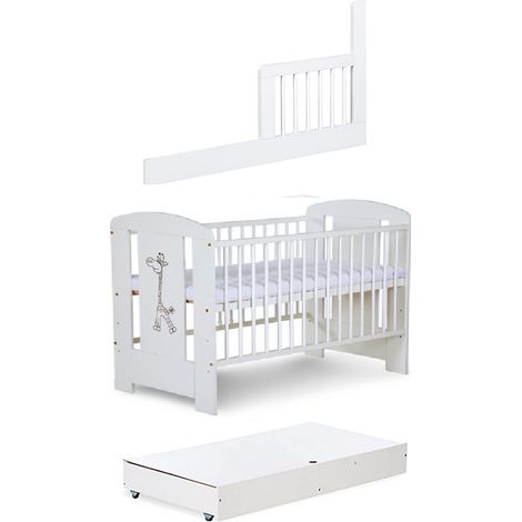 Lit bébé 120x60cm Blanc avec tiroir GIRAFE barreaux amovible et barrière de sécurité inclus (1/5)